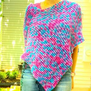 Handknit Blue Pink Poncho
